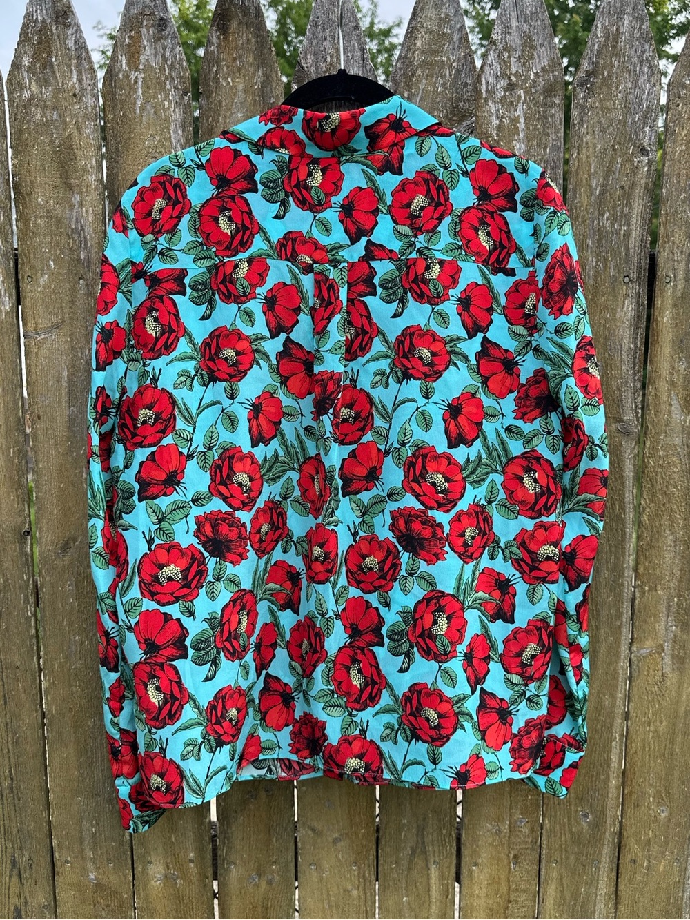 Alice + Olivia 100% Silk Red Poppy Floral Button Front Blouse Aqua Blue Medium - Picture 12 of 12